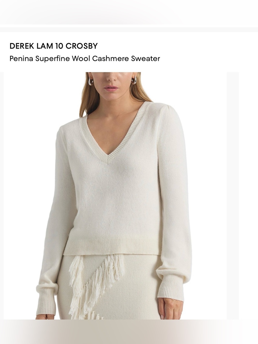 10 Crosby Derek Lam Penina Cream V-Neck Superfine Wool Cashmere Sweater
